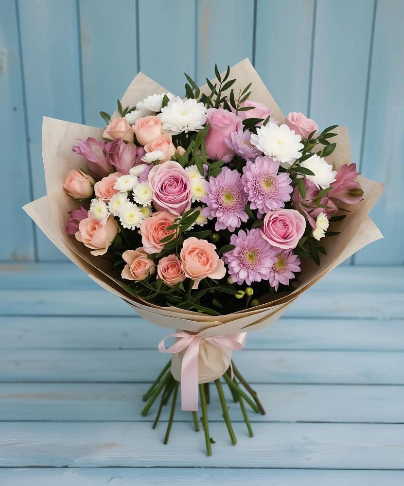 Букет цветов из: Хризантемы, Розы и Альстромерии в Лямбирь