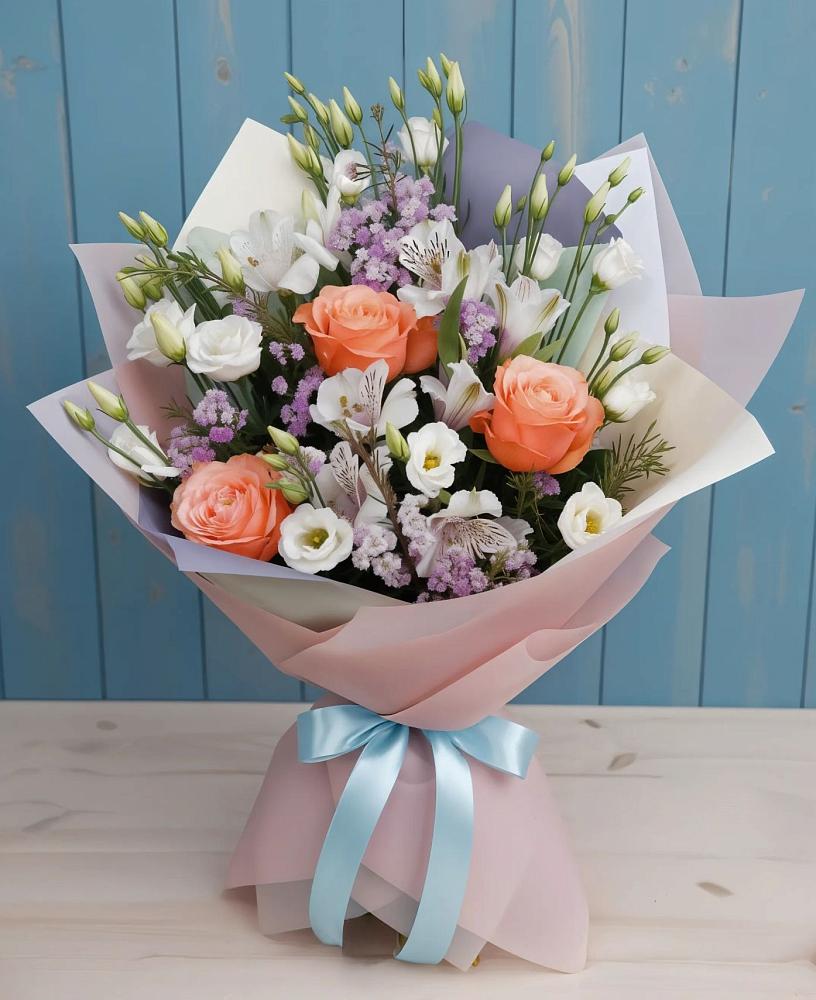 Букет цветов из: Лизиантусы, Розы, Альстромерии и Гипсофила в Лямбирь