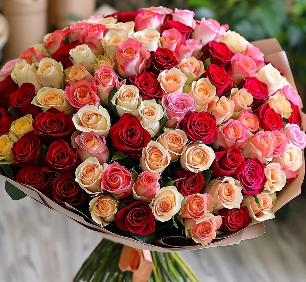 Букет 101 Разноцветная роза в Лямбирь