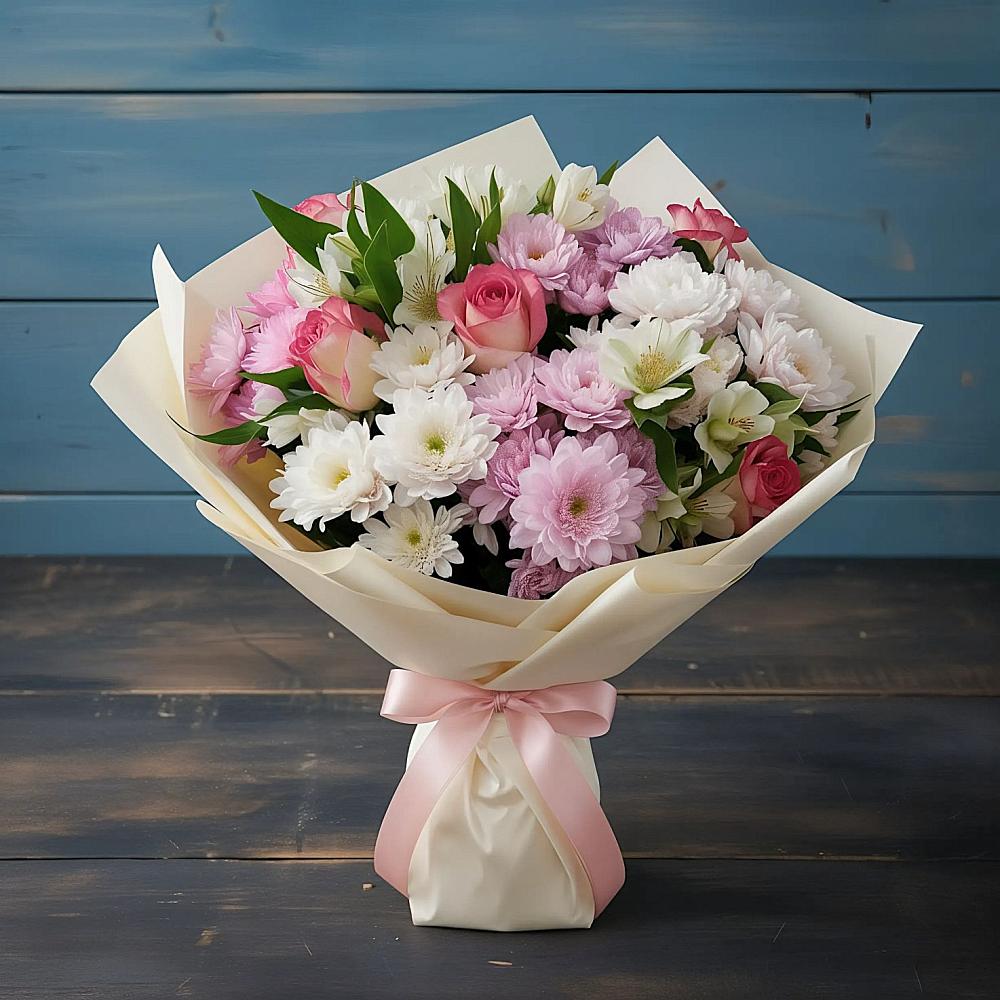 Букет цветов из: Хризантемы, Альстромерии и Розы в Лямбирь